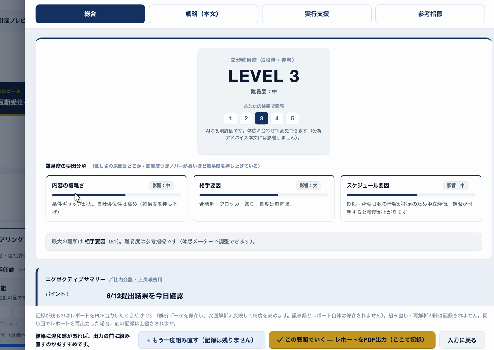 レポート画面（総合タブ）